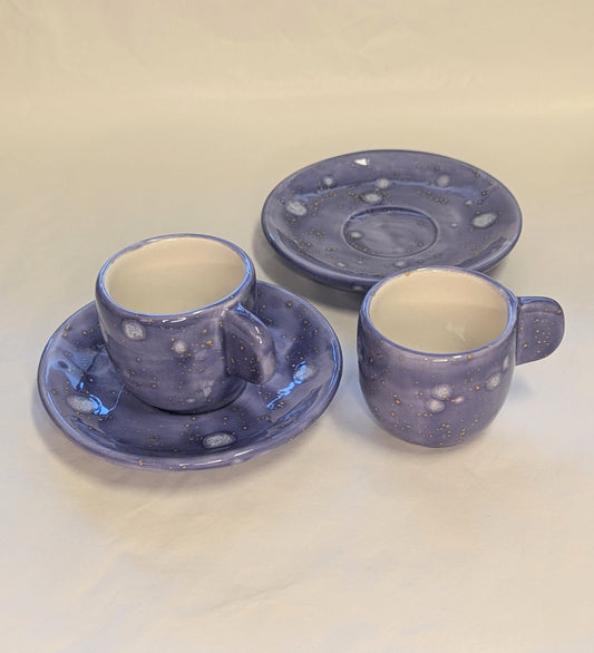 Coppia Tazzine Caffè Espresso Artigianali - Ceramica Viola con Gemme Bianche e Dorate