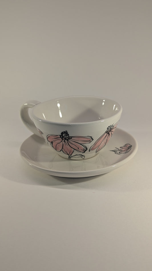 Tazze da tè in ceramica artigianale e dipinta a mano con fiori rosa, coppia