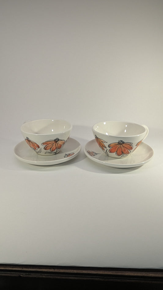 Tazze da tè in ceramica artigianale e dipinta a mano, fiori arancio