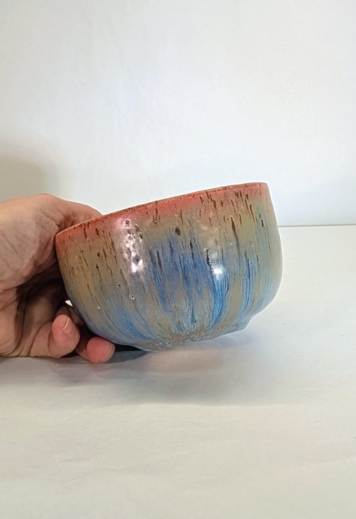 Ciotola Gres Artigianale 10cm - Rosa e Azzurro Puntinato Tornio