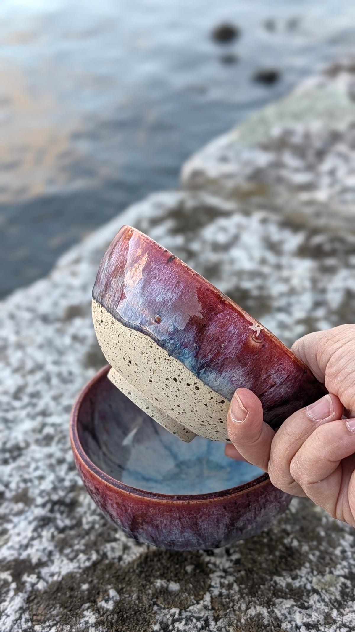 Coppia di ciotole colazione in gres smaltato viola prugna