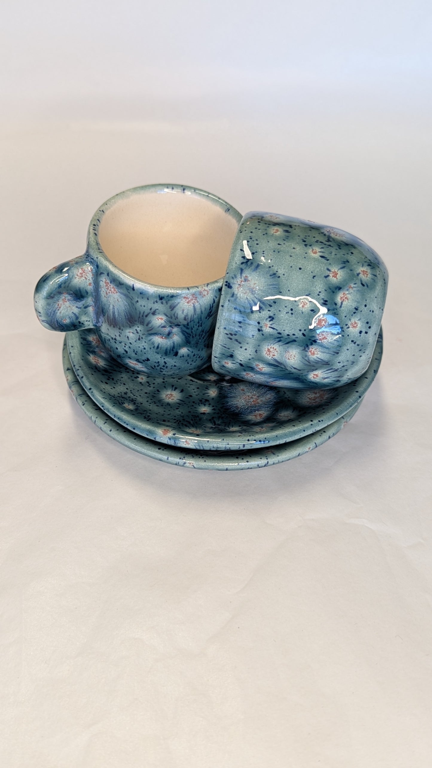 Coppia Tazzine Caffè Artigianali - Ceramica Blu Mare con Gemme Contrastanti