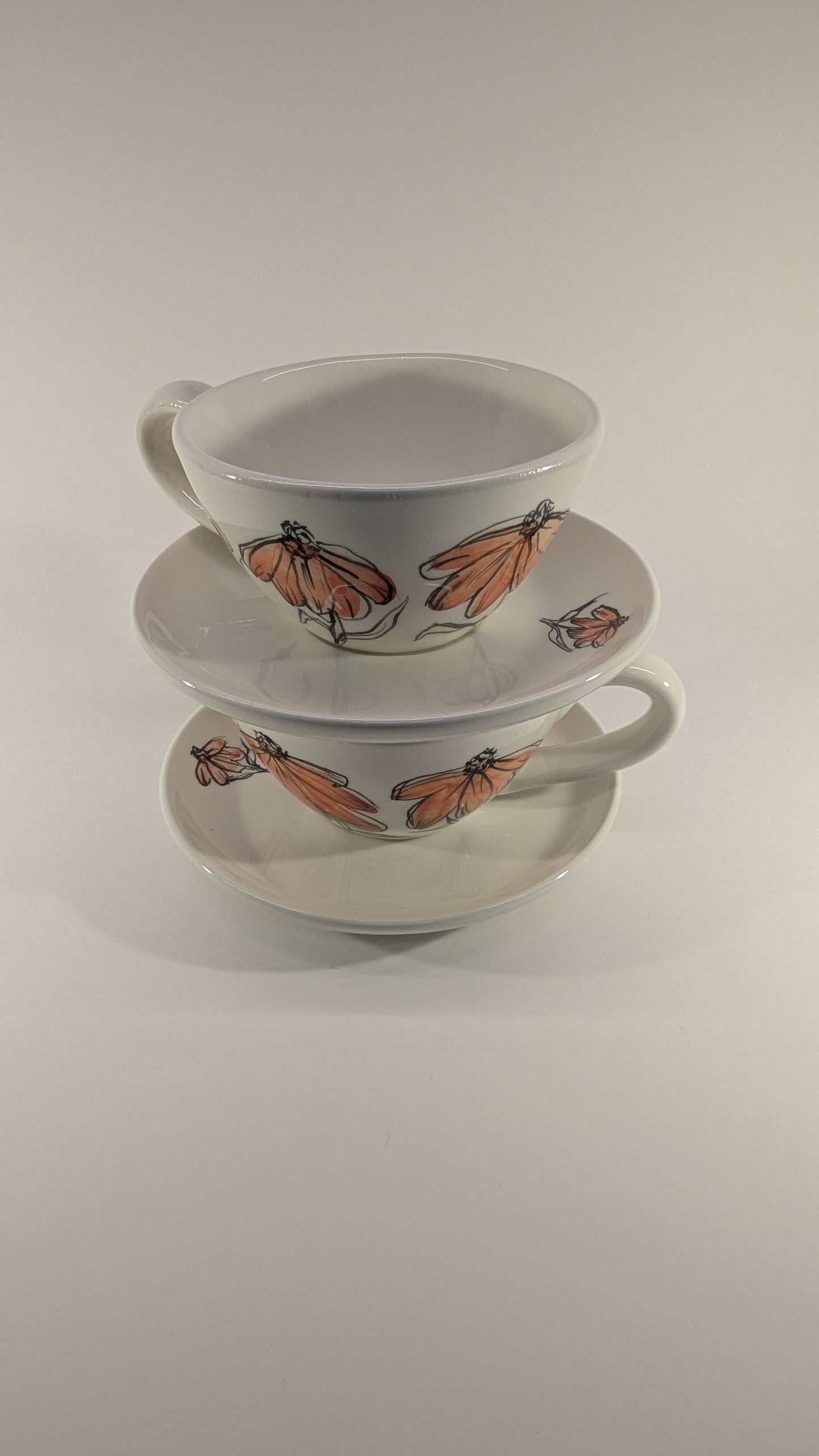 Tazze da tè in ceramica artigianale e dipinta a mano, fiori arancio