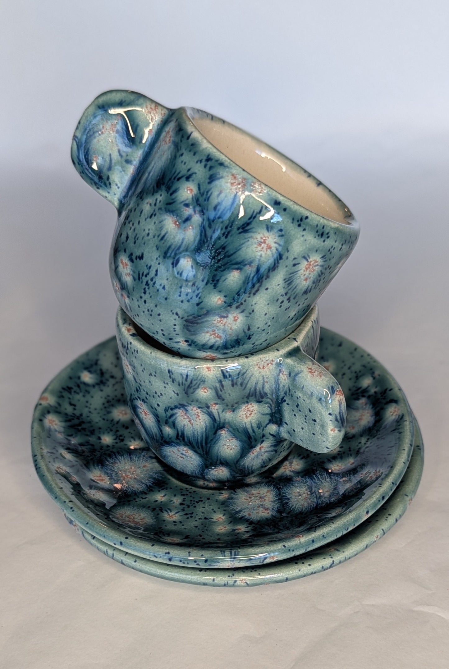 Coppia Tazzine Caffè Artigianali - Ceramica Blu Mare con Gemme Contrastanti